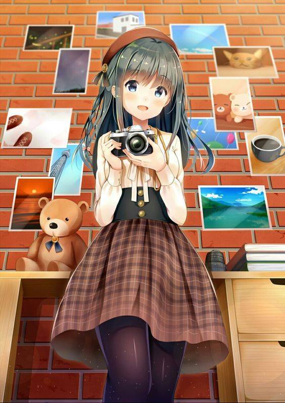 Hình Anime Nữ Học Sinh cầm máy ảnh tạo dáng